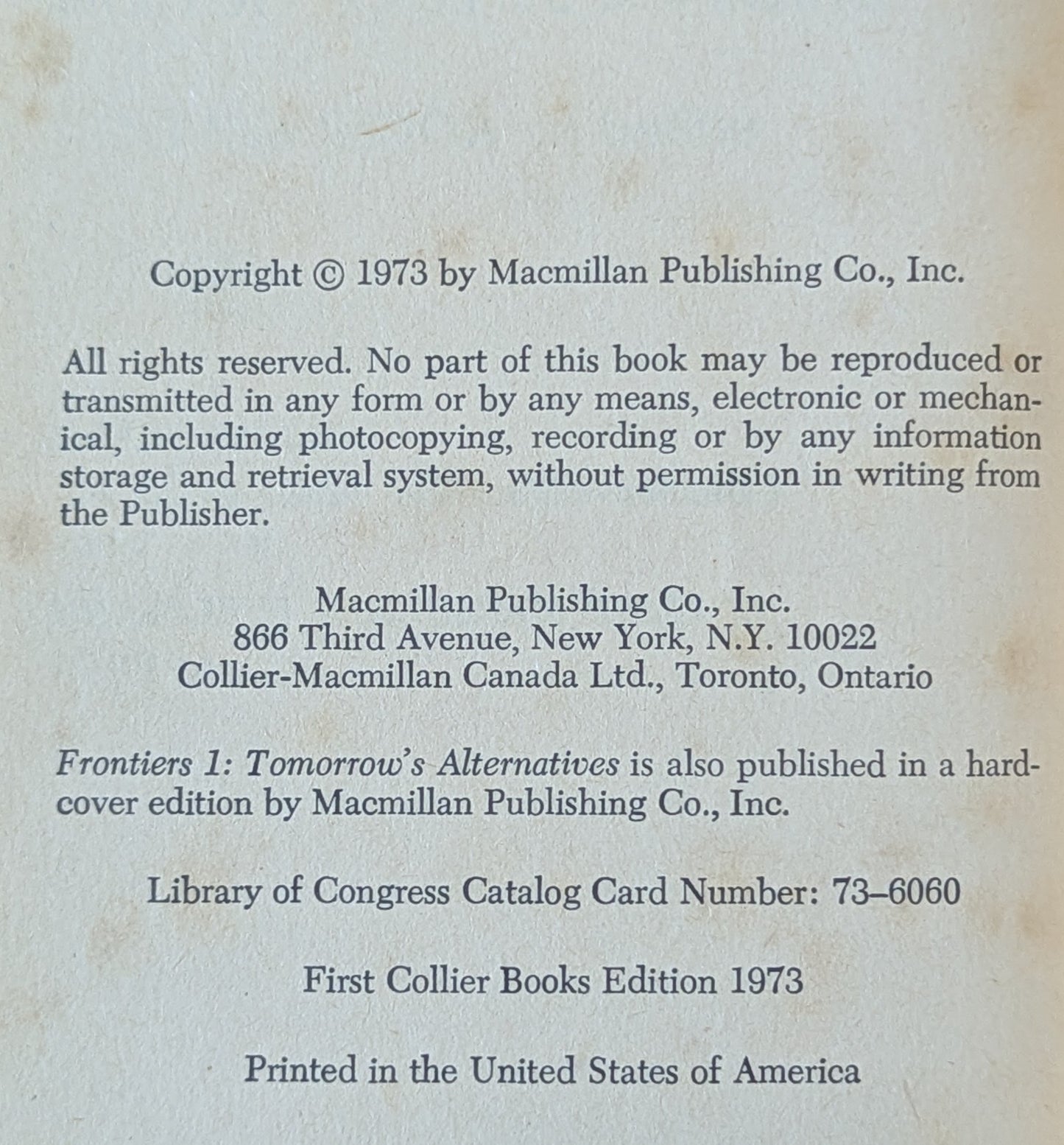 Tomorrow's Alternatives (Frontiers 1) ed. Roger Elwood