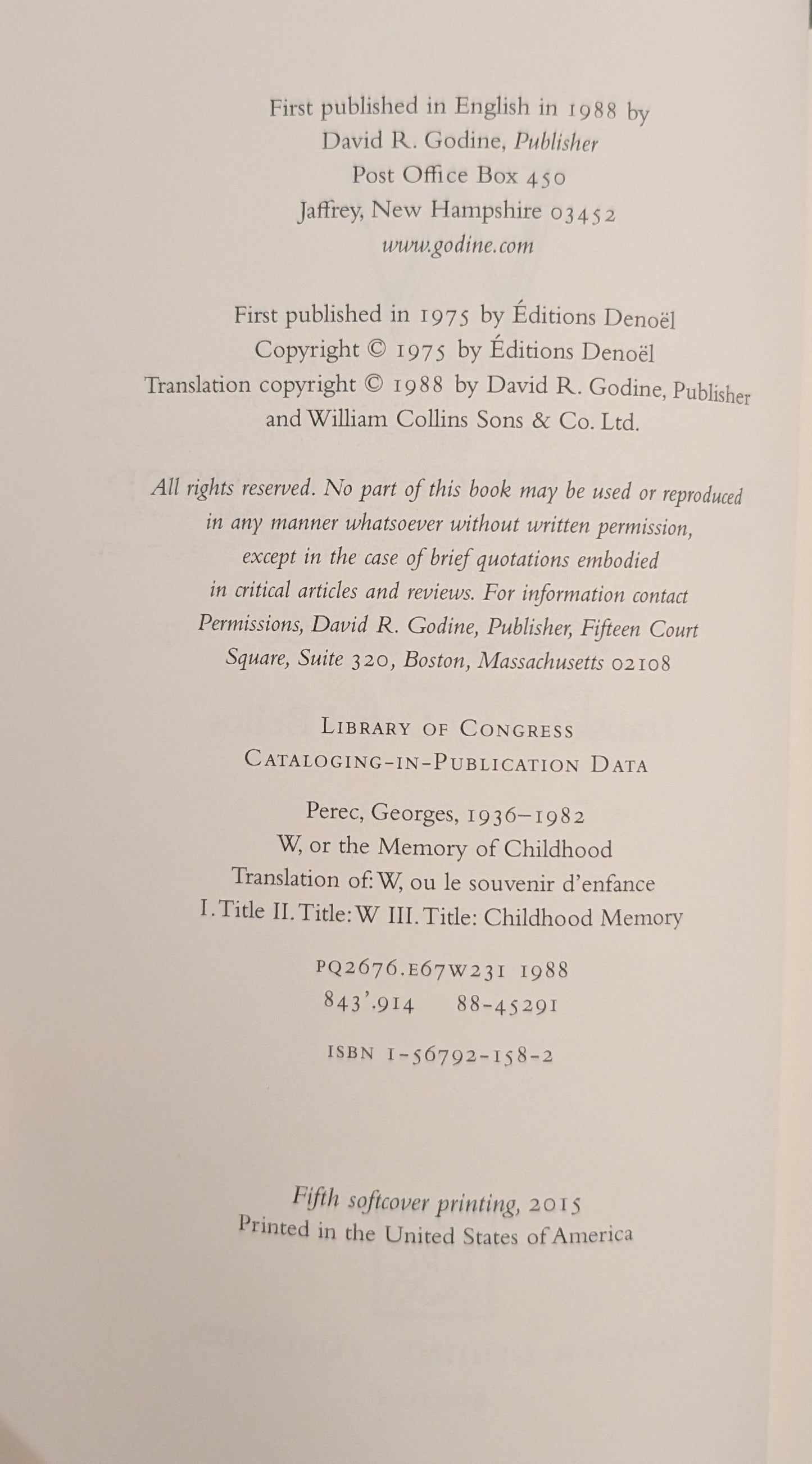 W, or The Memory Of Childhood by Georges Perec
