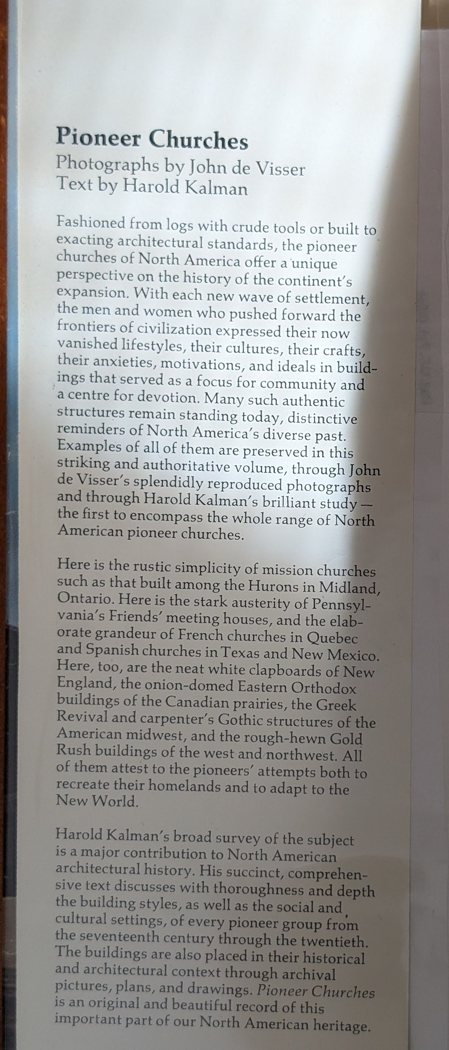 Pioneer Churches, photographs by John De Visser and text by Harold Kalman