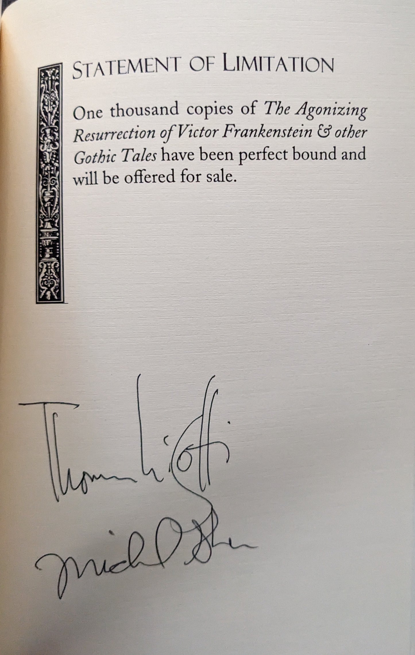 The Agonizing Resurrection of Victor Frankenstein & Other Gothic Tales by Thomas Ligotti (Signed)