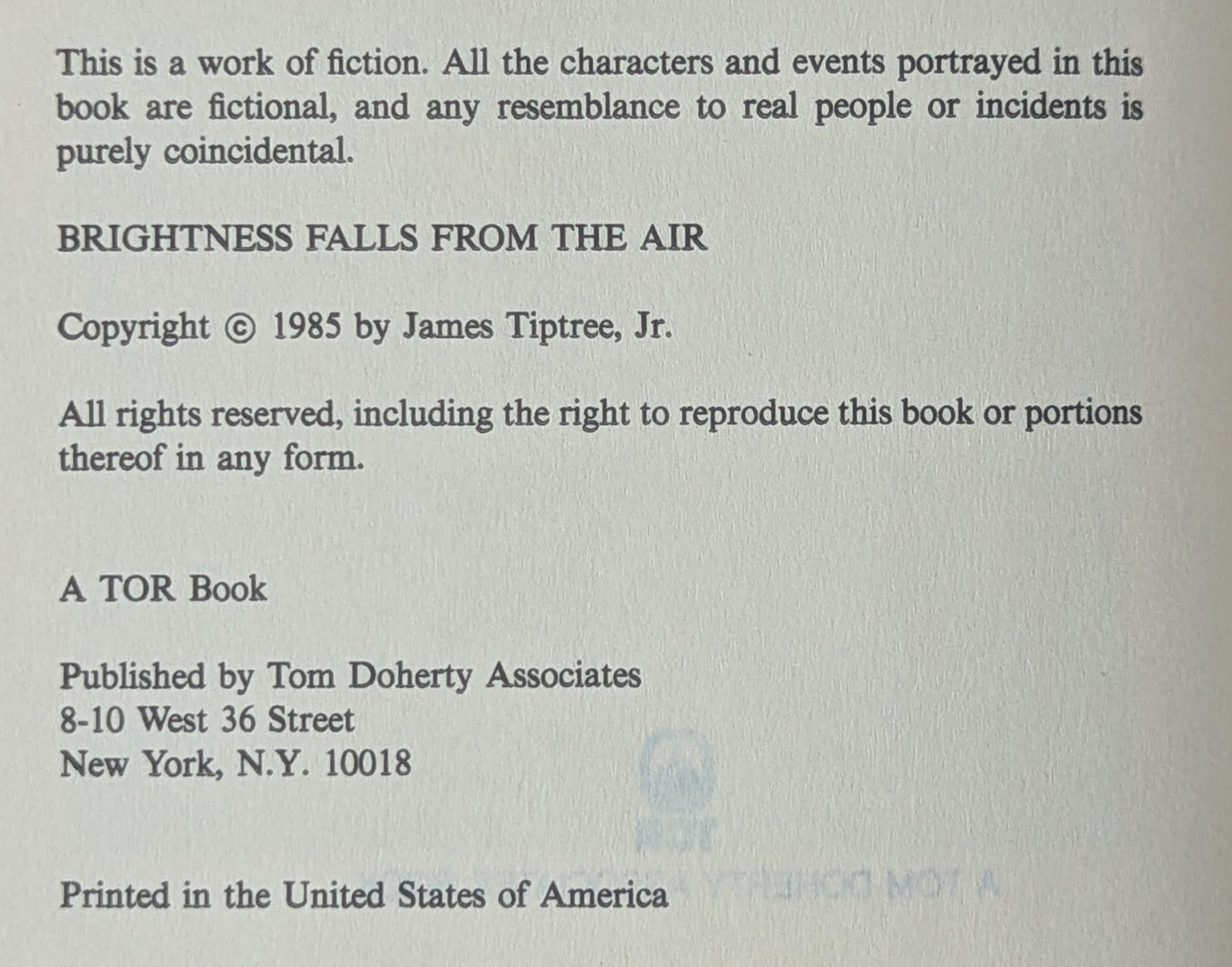 Brightness Falls from the Air by James Tiptree Jr. (Alice Sheldon)