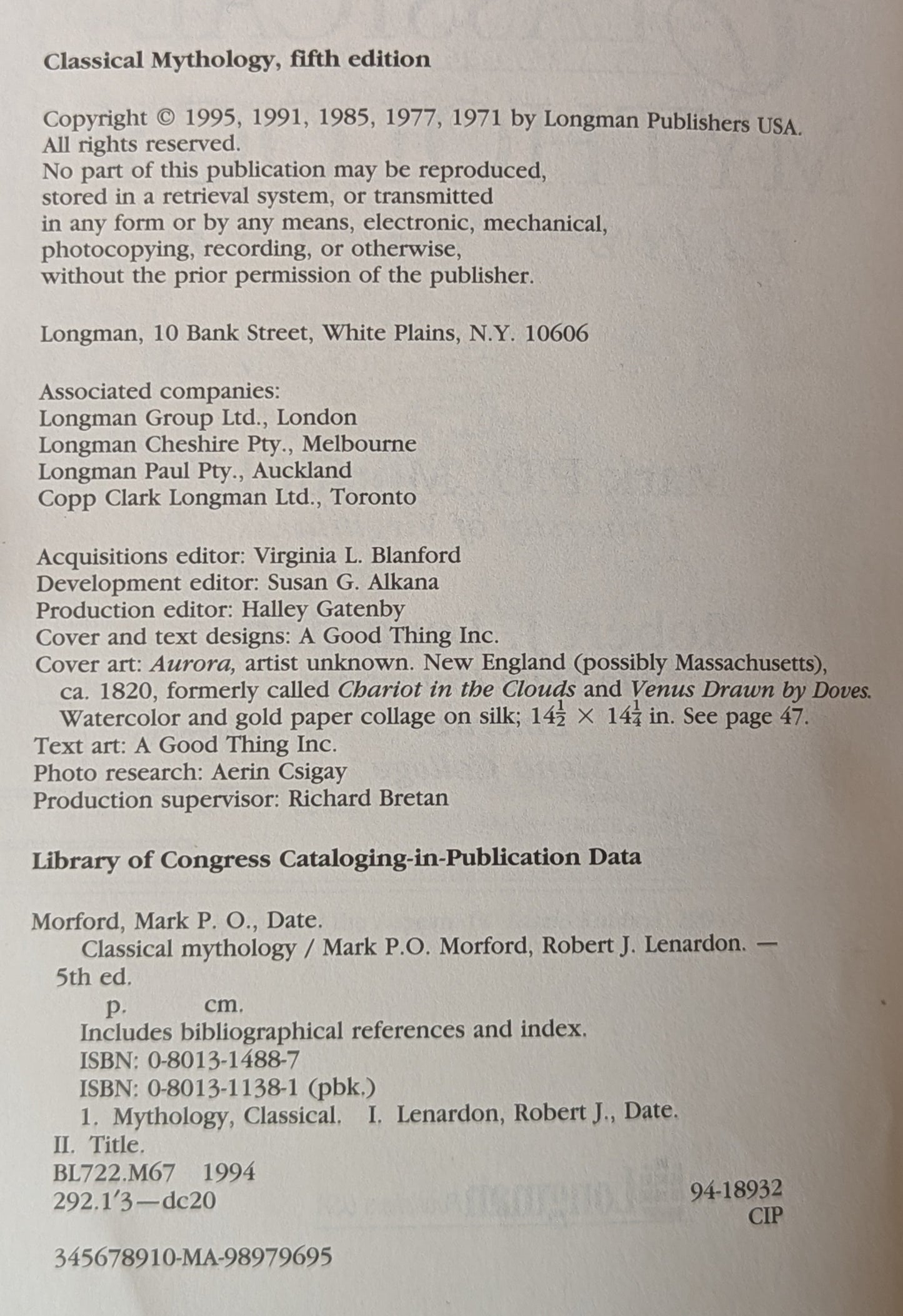 Classical Mythology (5th Edition) eds. Morford and Lenardon