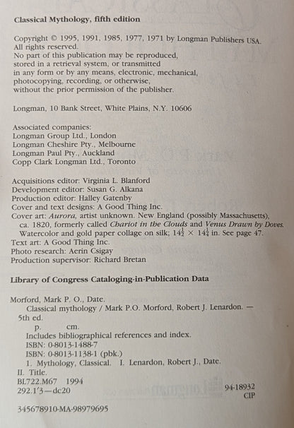 Classical Mythology (5th Edition) eds. Morford and Lenardon