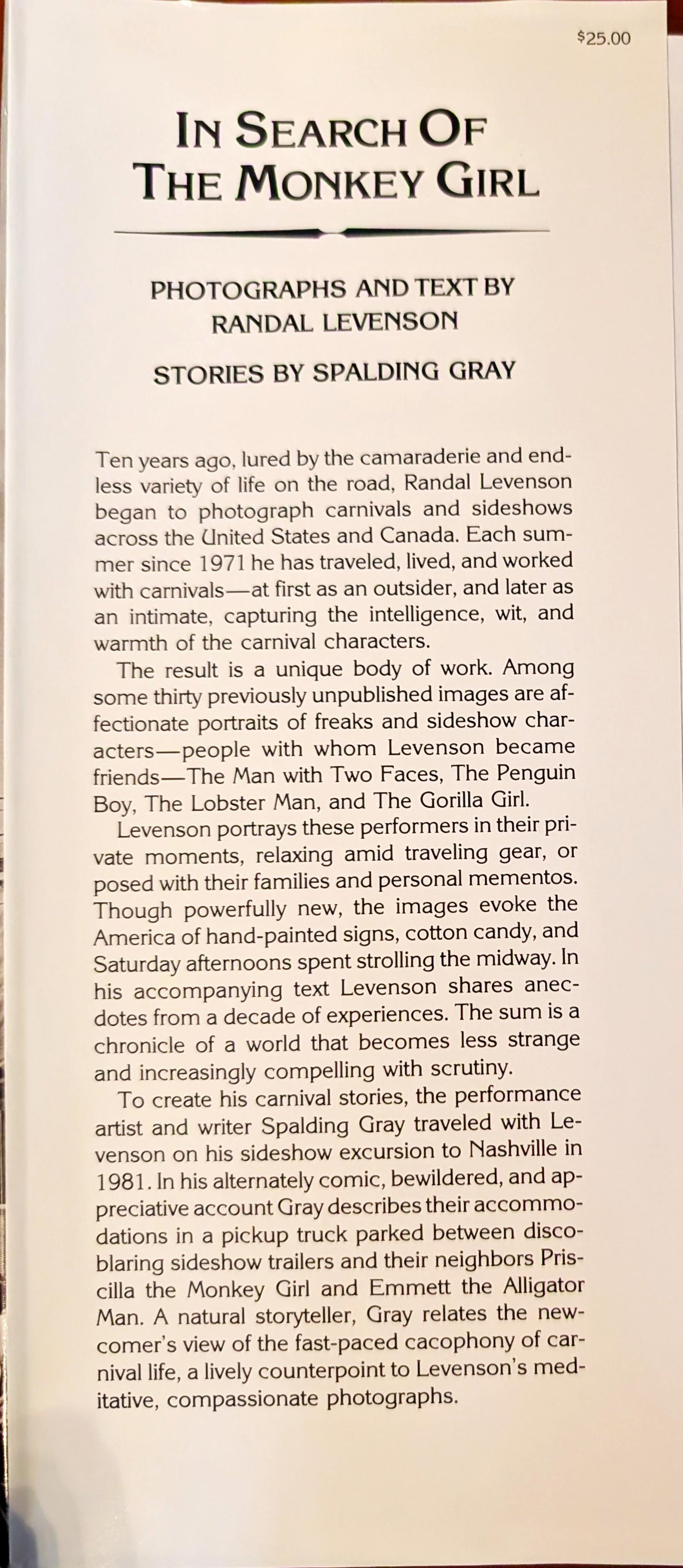 In Search of the Monkey Girl by photographs by Randal Levenson and Stories by Spalding Gray (Signed)