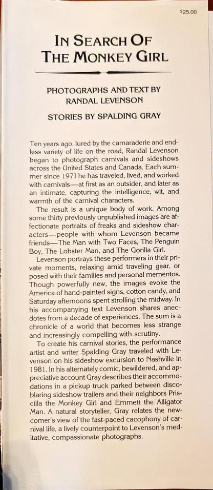 In Search of the Monkey Girl by photographs by Randal Levenson and Stories by Spalding Gray (Signed)