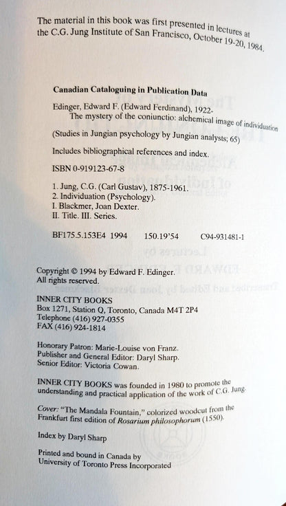 The Mystery of The Conjunctio: Alchemical Image of Individuation by Edward F. Edinger