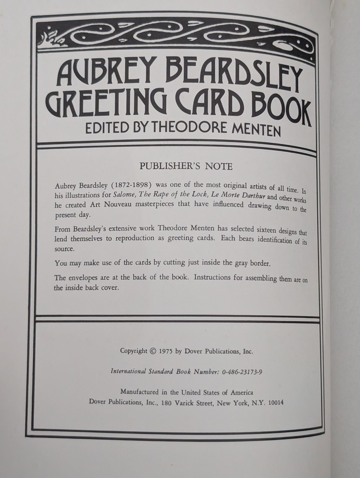 Aubrey Beardsley Greeting Card Book edited by Theodore Menten