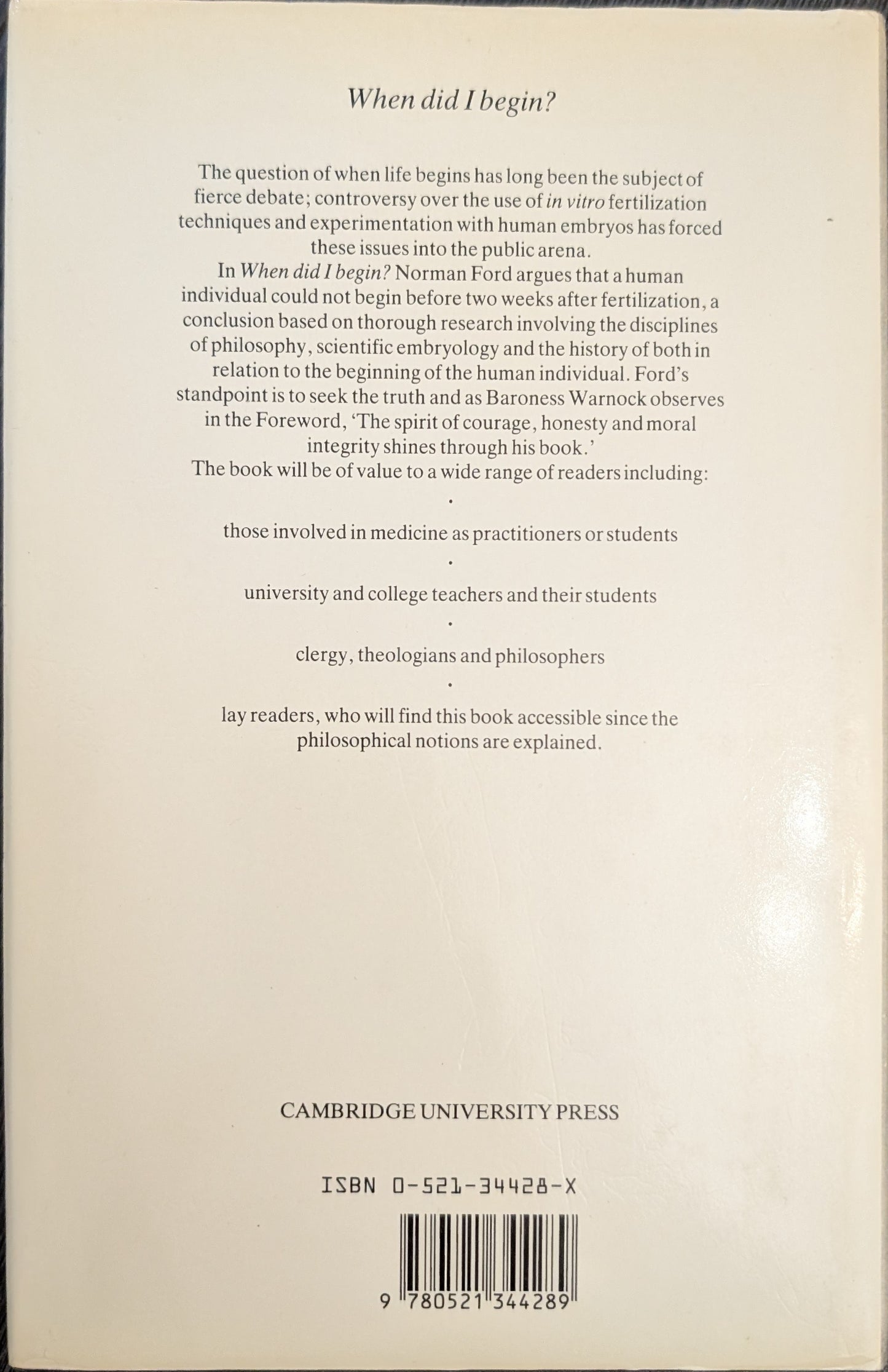 Where Did I Begin? Conception of Human Individual in History, Philosophy and Science By Norman D. Ford
