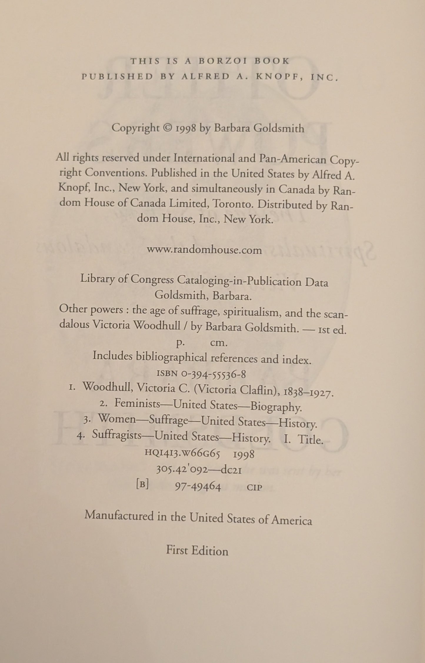 Other Powers: The Age of Suffrage, Spiritualism, and the Scandalous Victoria Woodhull by Barbara Goldsmith