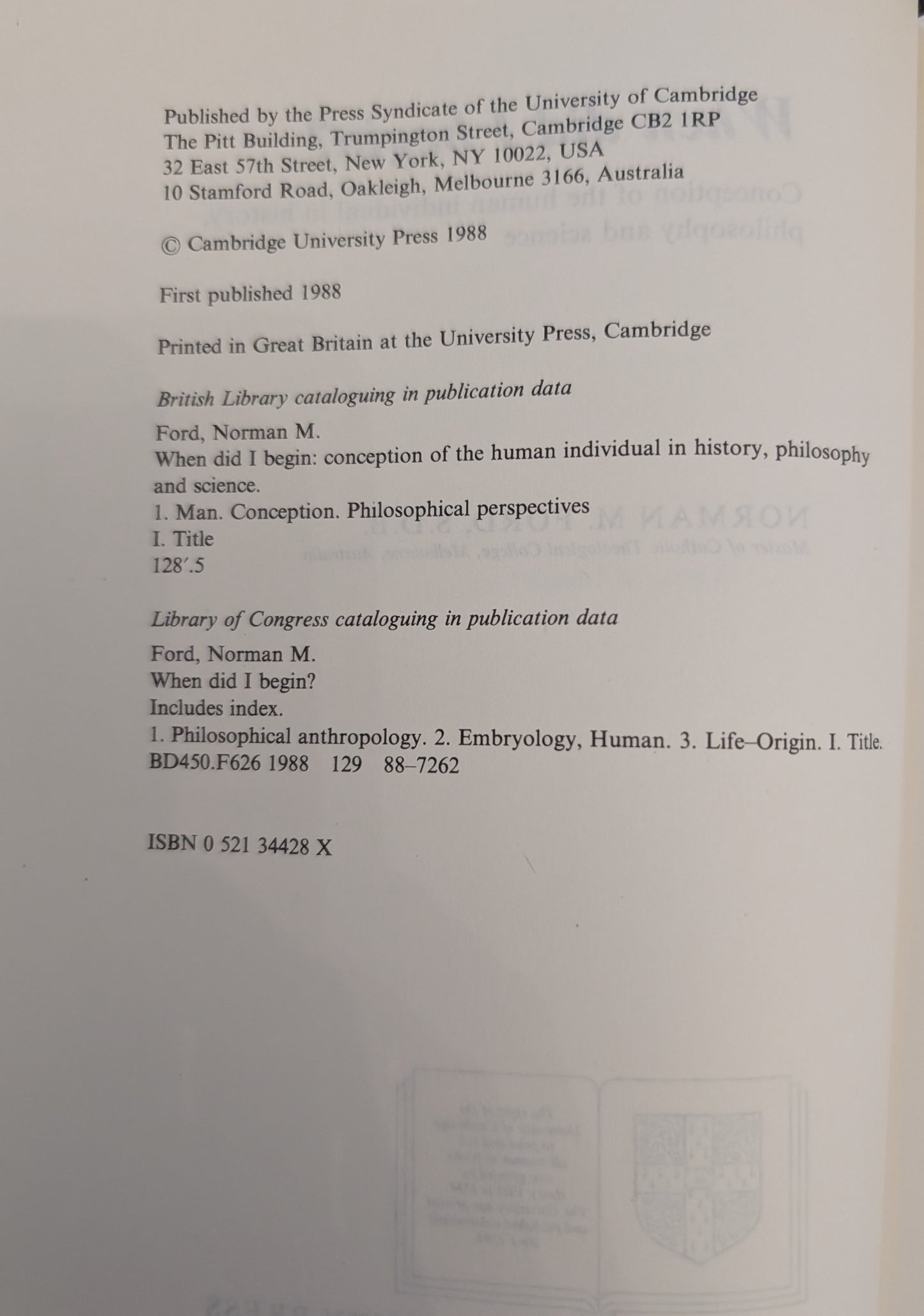 Where Did I Begin? Conception of Human Individual in History, Philosophy and Science By Norman D. Ford