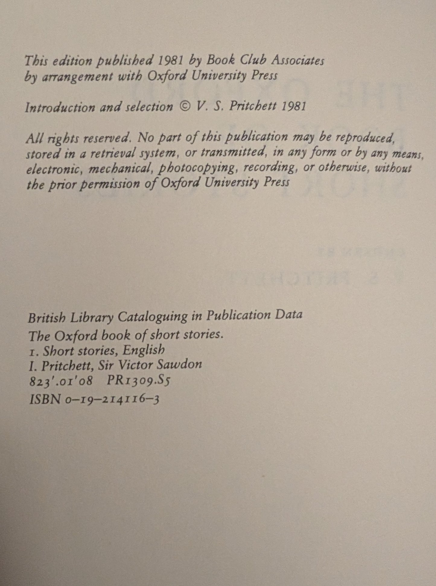 Oxford Short Stories Anthology chosen by V. S Pritchett