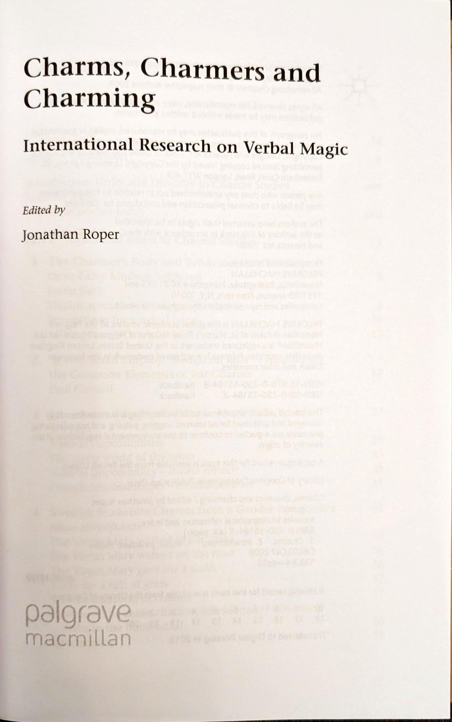 Charms, Charmers and Charming: International Research on Verbal Magic edited by Jonathan Roper