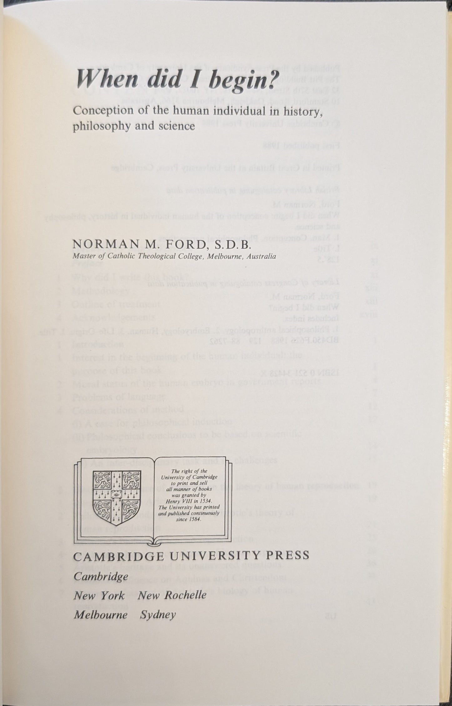 Where Did I Begin? Conception of Human Individual in History, Philosophy and Science By Norman D. Ford