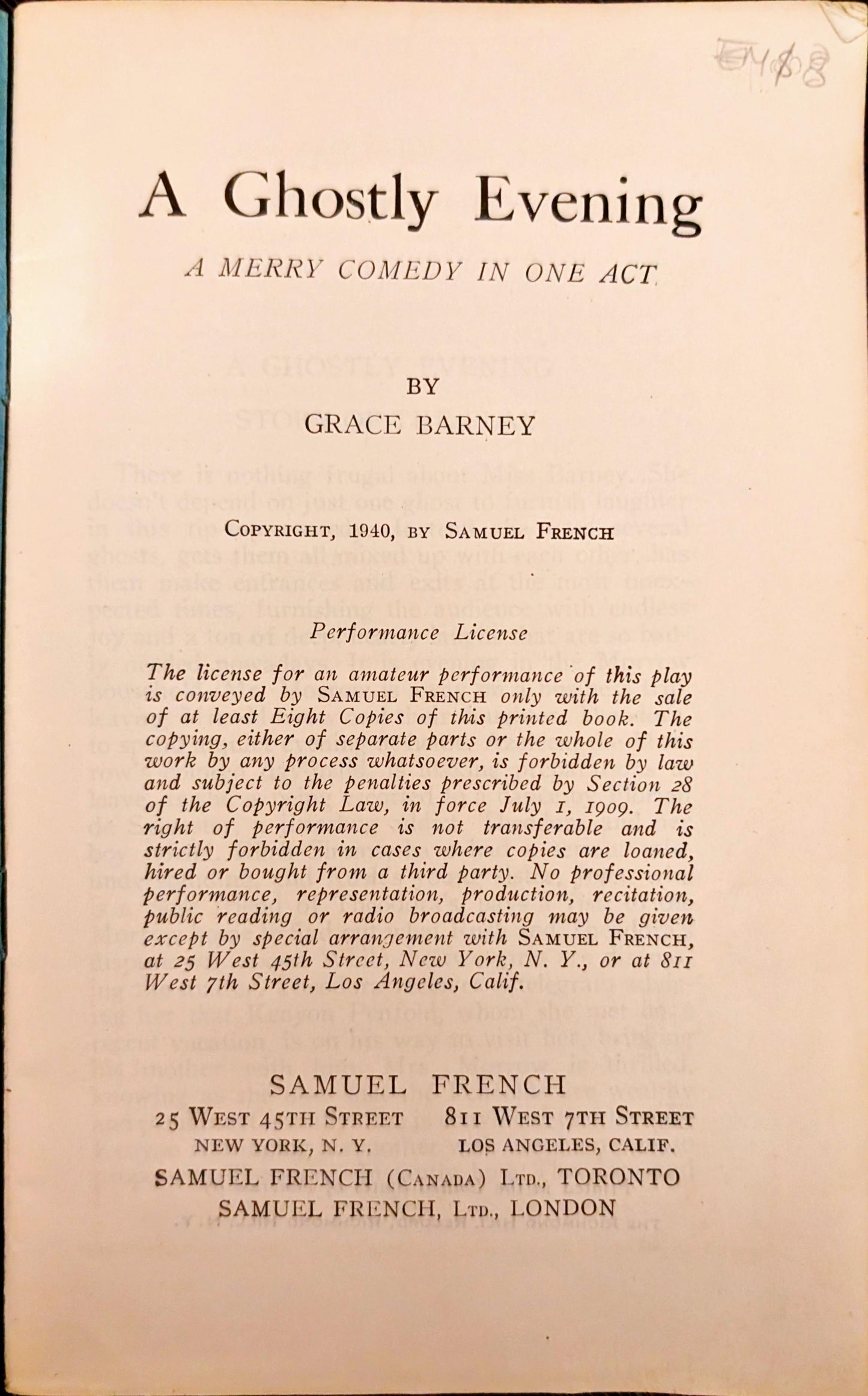 A Ghostly Evening: A Merry Comedy in One Act by Grace Barney