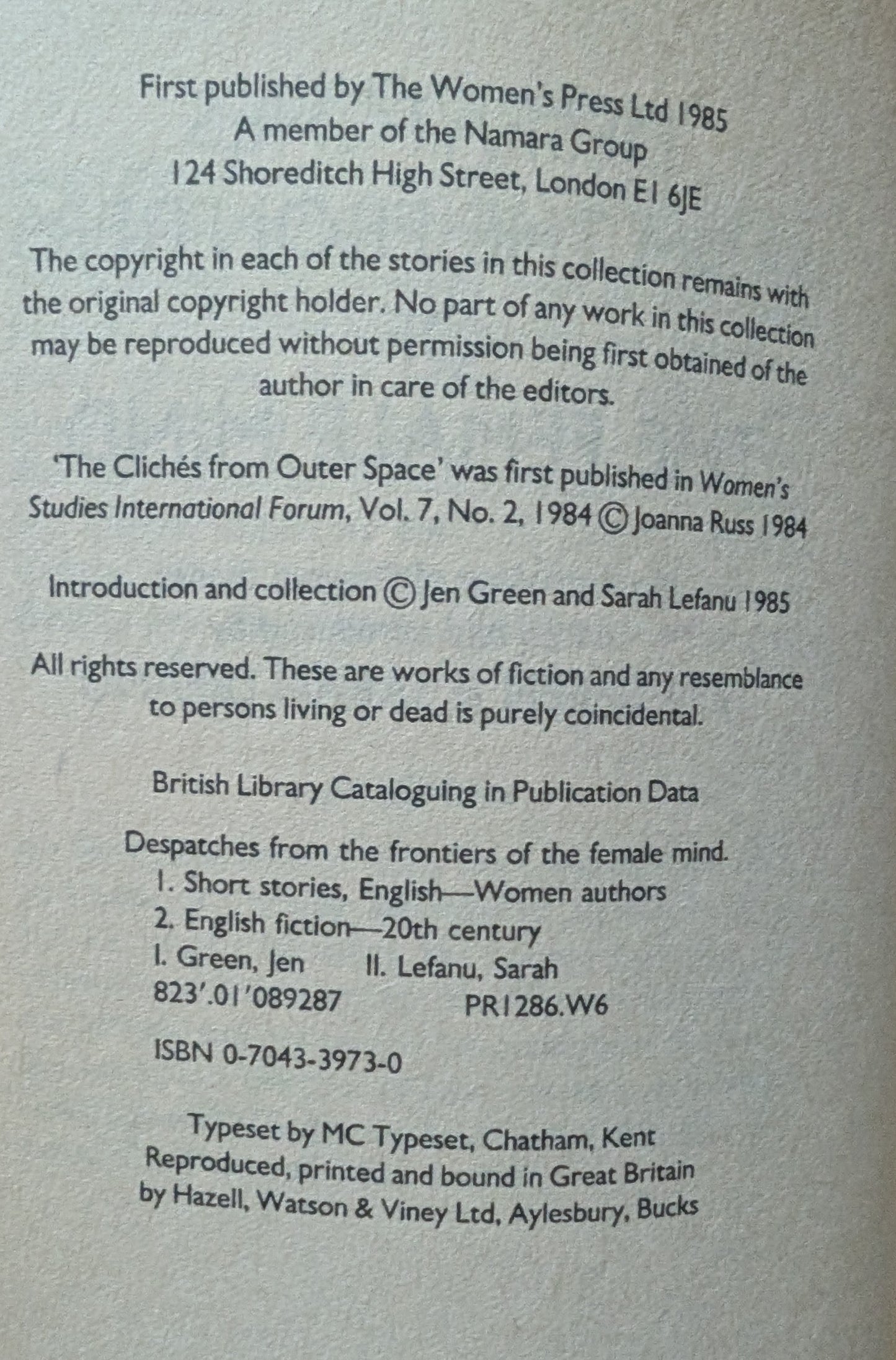 Despatches from the Frontiers of the Female Mind edited by Jen Green and Sarah LeFanu