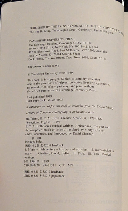 E.T.A Hoffmann's Musical Writings: Kreisleriana, the Poet and the Composer, Music Criticism edited by David Charlton