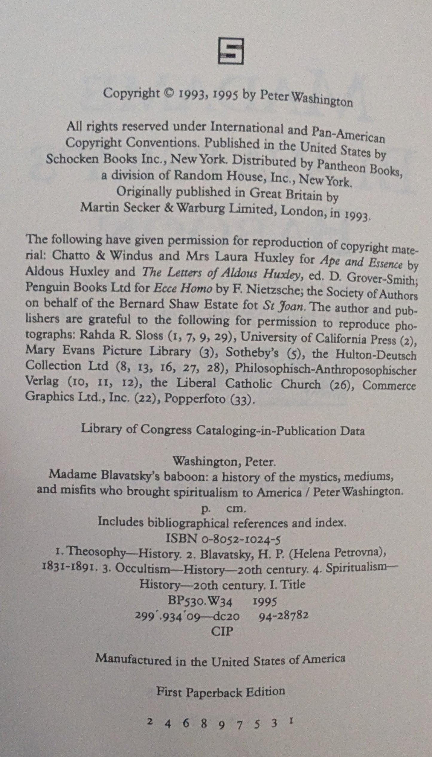Madame Blavatsky's Baboon: A History of the Mystics, Mediums and Misfits who Brought Spiritualism in America by Peter Washington