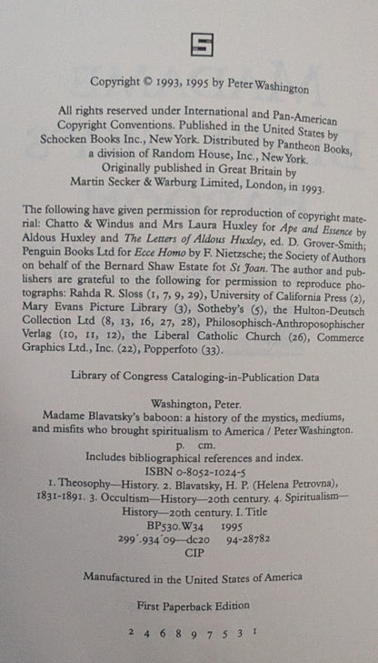 Madame Blavatsky's Baboon: A History of the Mystics, Mediums and Misfits who Brought Spiritualism in America by Peter Washington