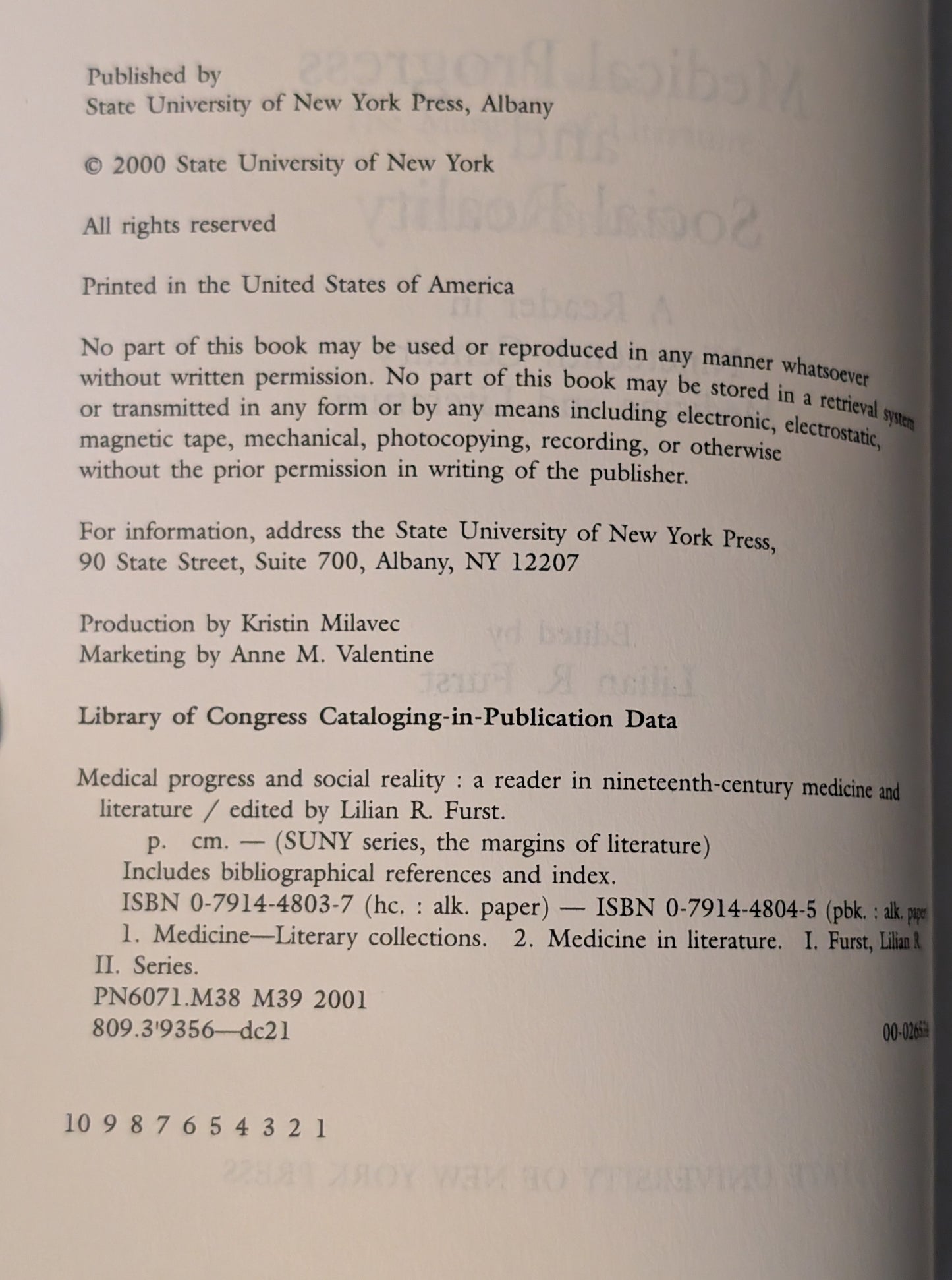 Medical Progress and Social Reality: A Reader of Nineteenth Century Medicine and Literature edited by Lillian R. Furst