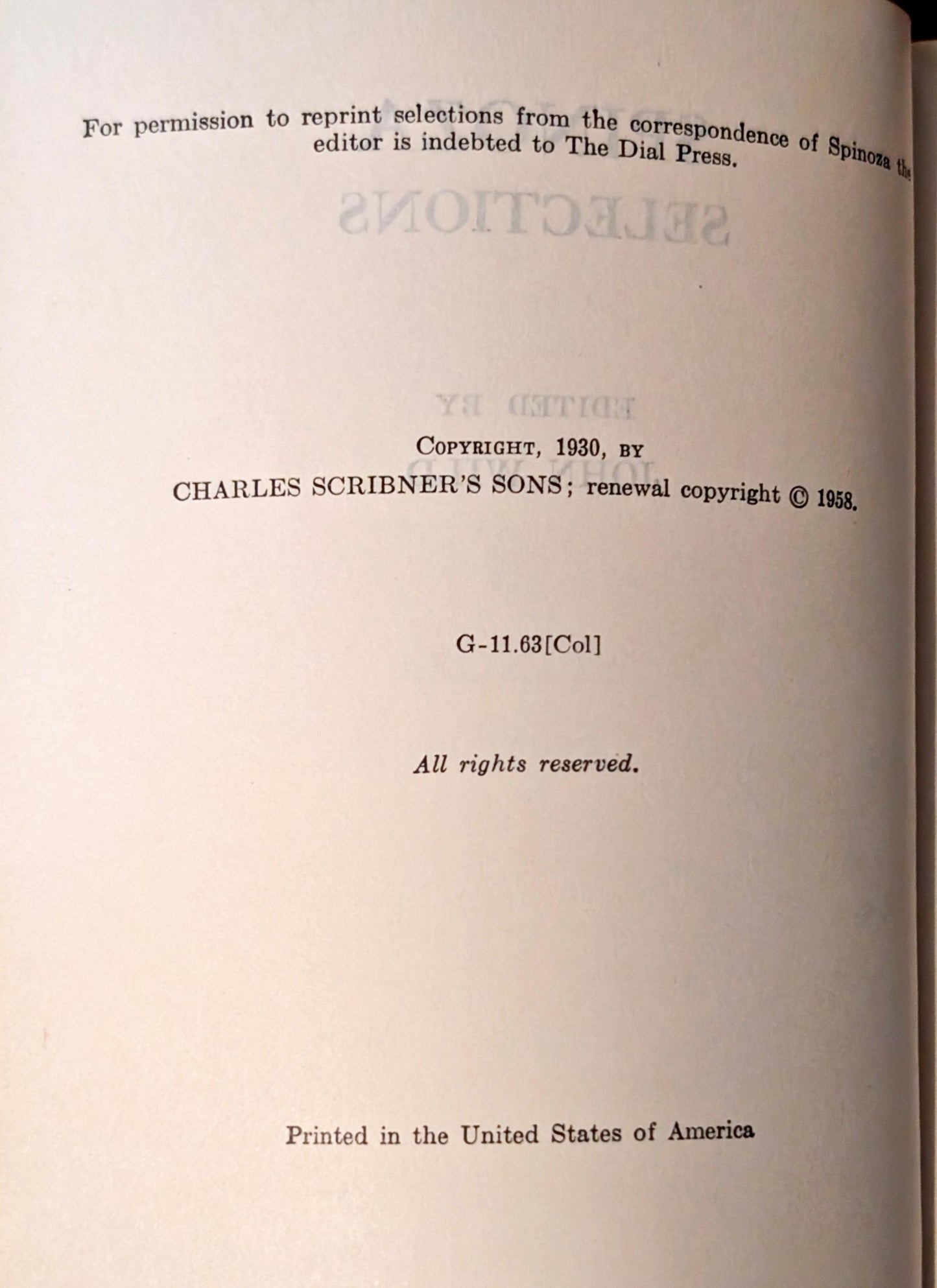 Spinoza Selections edited by John Wild