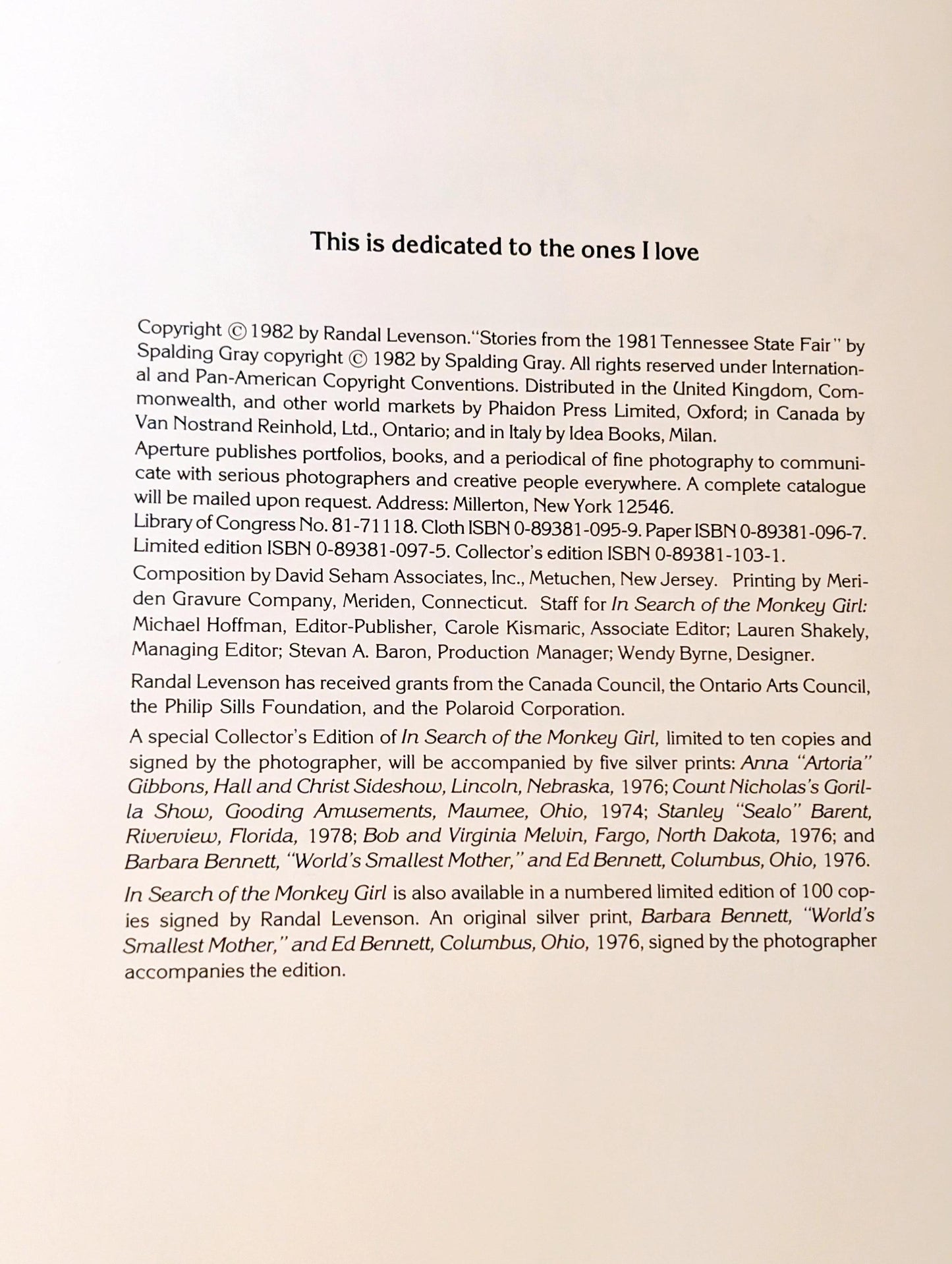 In Search of the Monkey Girl by photographs by Randal Levenson and Stories by Spalding Gray (Signed)