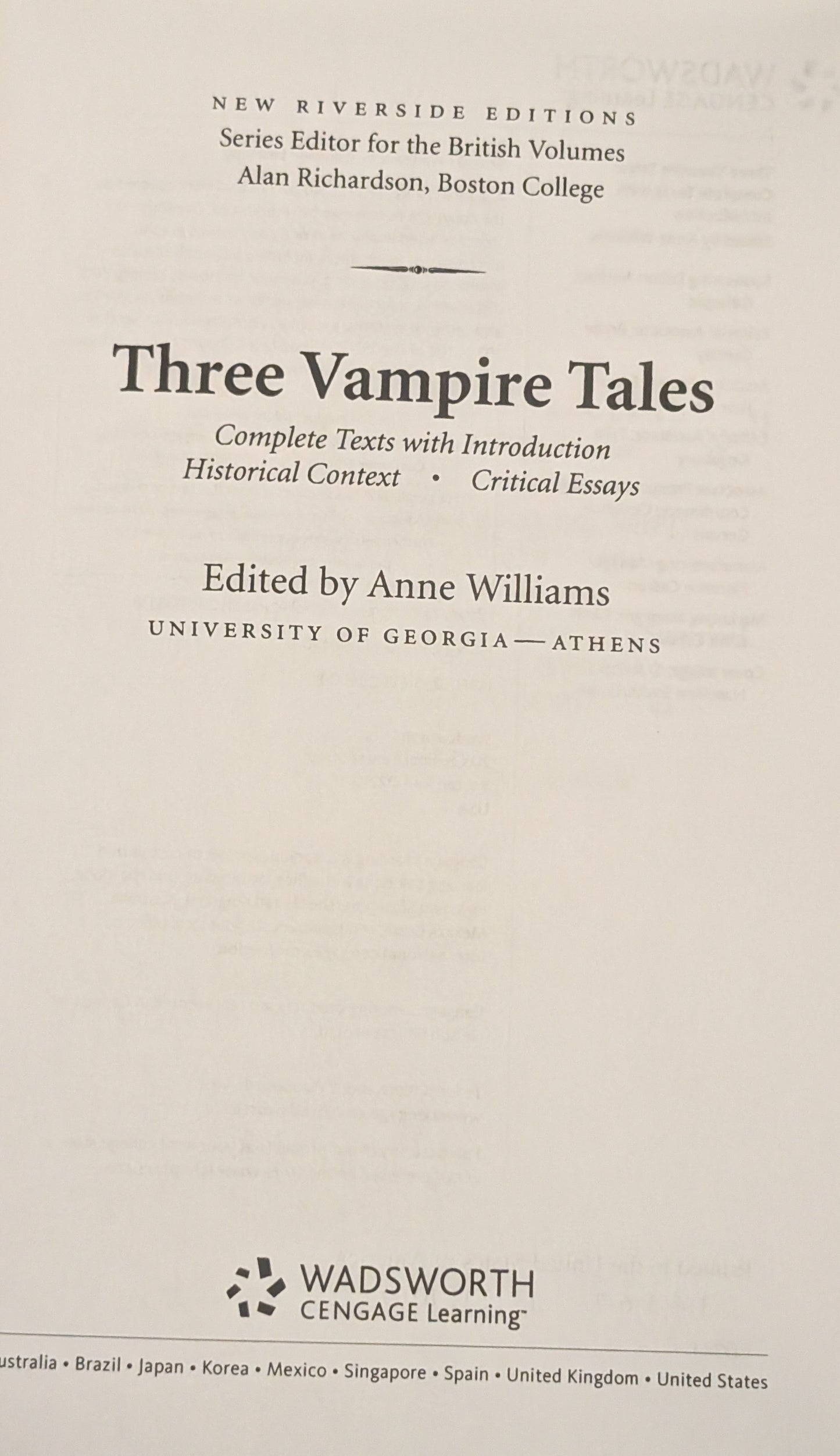 Three Vampire Tales: Dracula (Stoker), Camilla (Le Fanu) and The Vampyre (Polidori) edited by Anne Williams