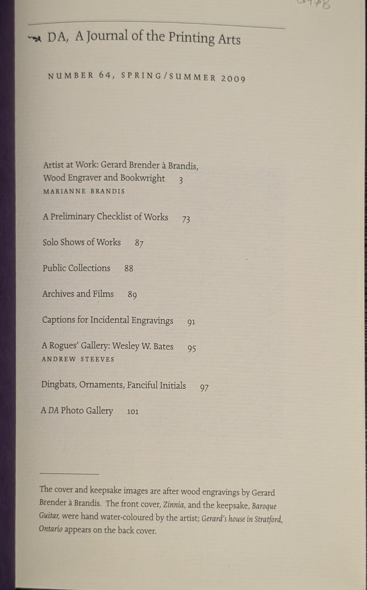 DA 64, Artist at Work: Gerard Brender à Brandis Wood Engraver and Bookwright - A Journal for the Printing Arts No.64 Spring/Summer 2009