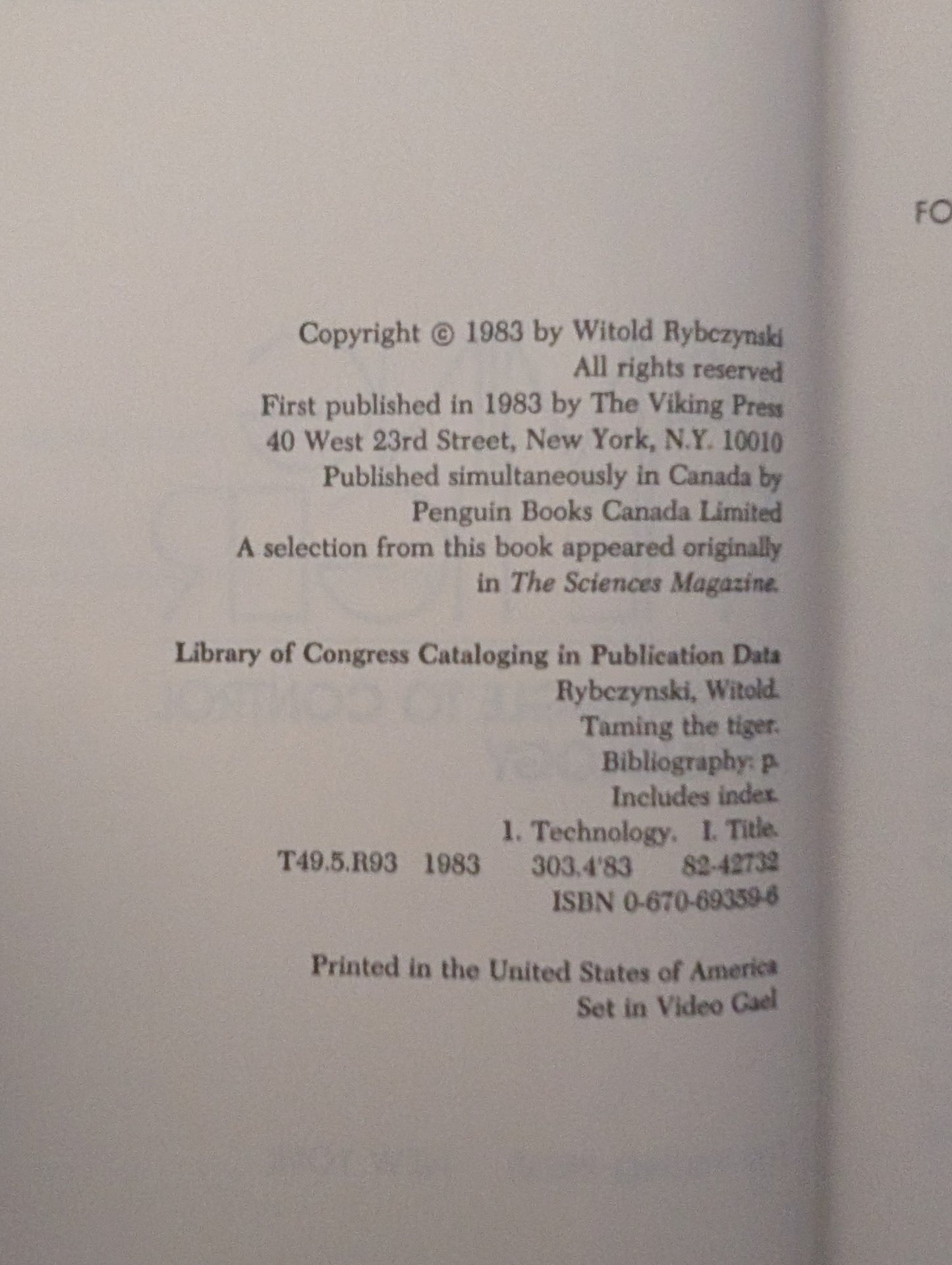 Taming the Tiger: The Struggle to Control Technology by Witold Rybczynski